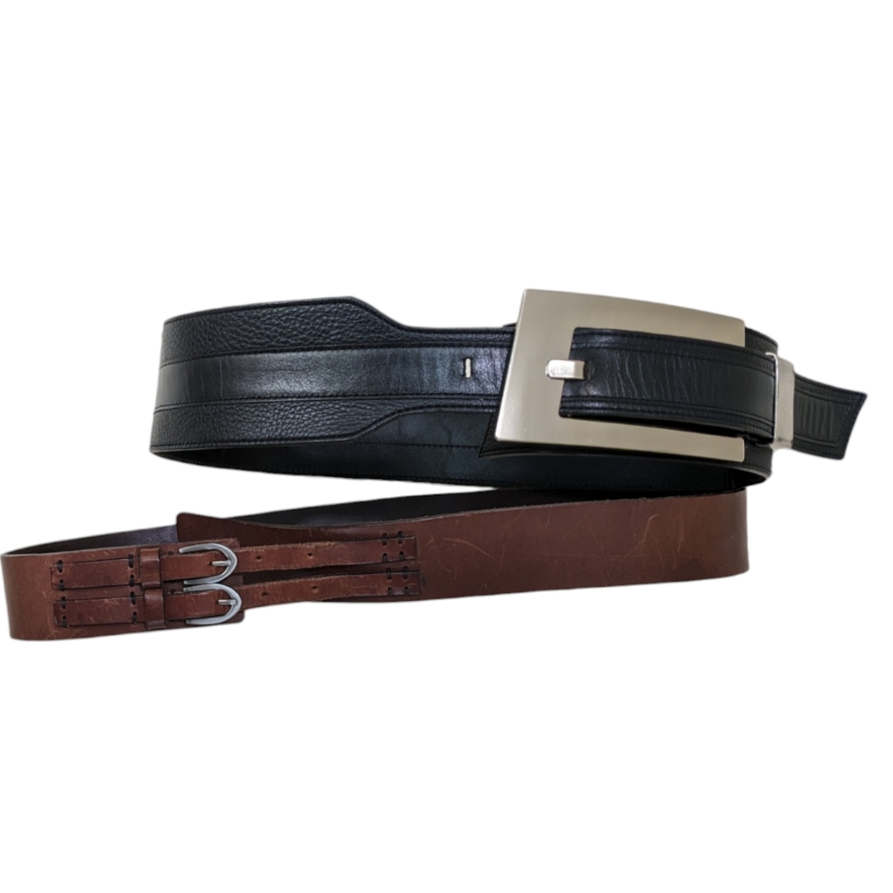 Thick black and silver belt and warm brown belt with interesting buckles